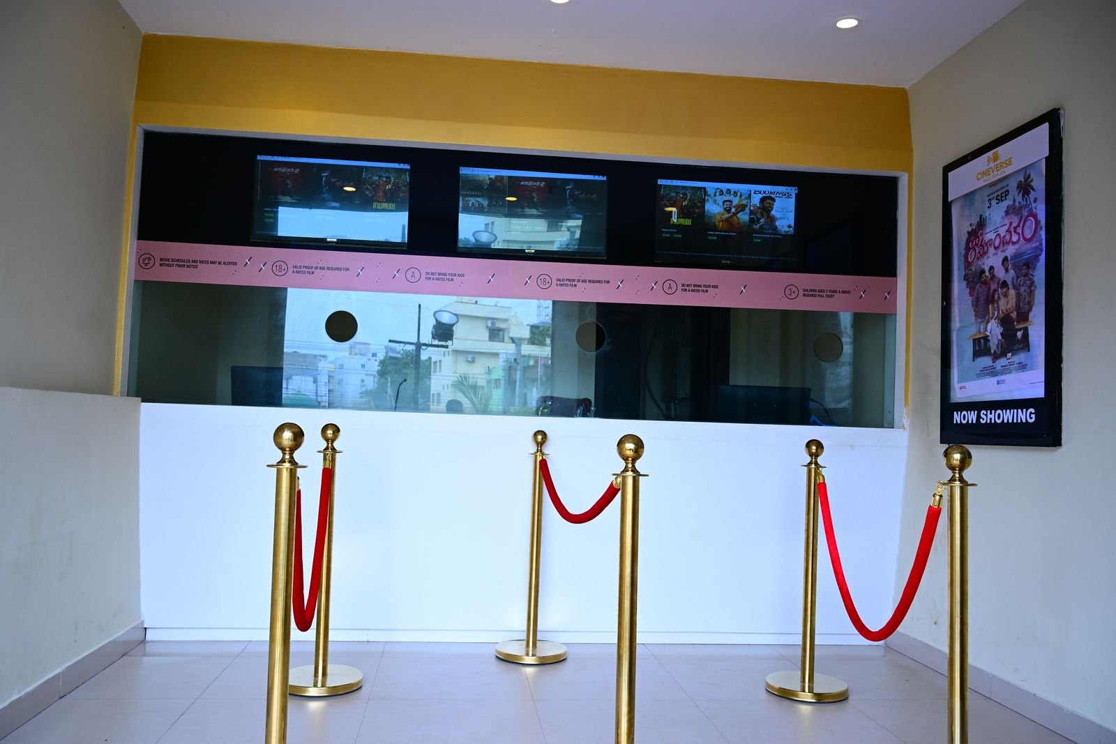 The Cineverse Multiplex box office counters and queue line