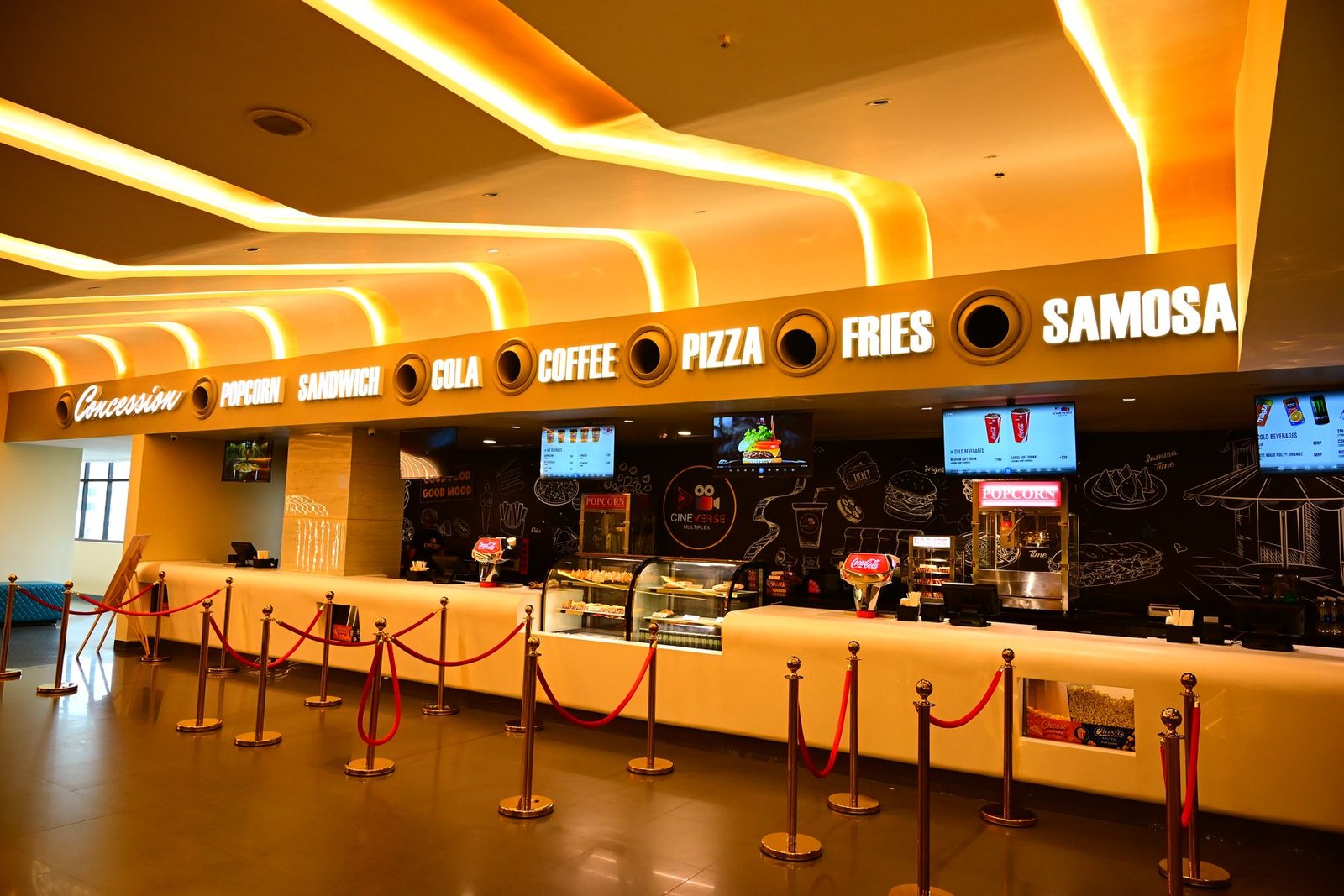The illuminated concession counter at a Cineverse Multiplex